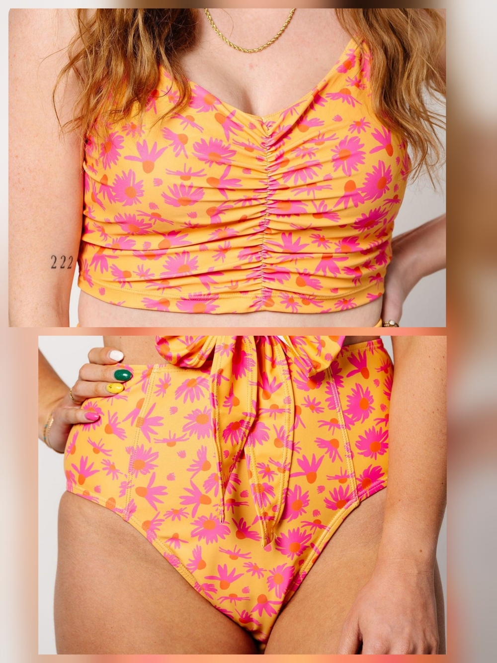 Kortni Jeane Yellow and Pink Floral Playful Daisies Bikini XL